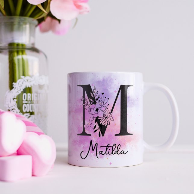 Rosa Lila Blumenfarbe Monogramm m Kaffee Kaffeetasse (Von Creator hochgeladen)