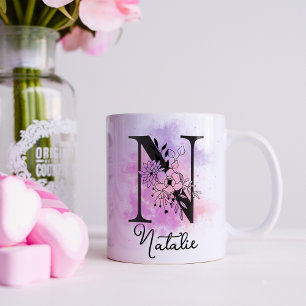 Rosa Lila Blumenfarbe Monogramm N Kaffee Kaffeetasse