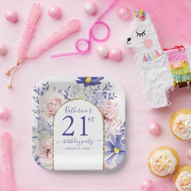 Rosa Lila Blumengottgestein Rahmen 21. Geburtstag  Pappteller (Party)