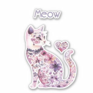 Rosa Lila Blumiges Herz Katze   Aufkleber