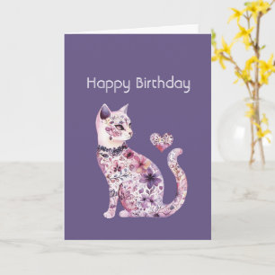 Rosa Lila Blumiges Herz Katzen Geburtstag Karte