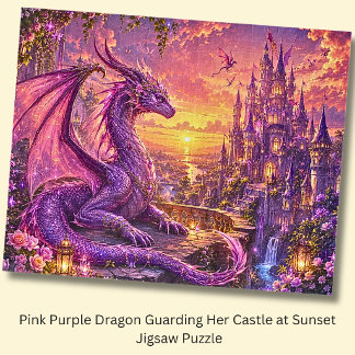 Rosa lila Drache bewacht ihr Schloss bei Sonnenunt Puzzle