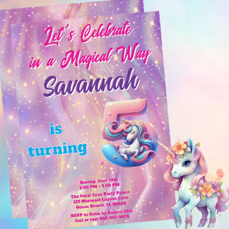 Rosa Lila Einhorn 5. Geburtstagsparty Einladung