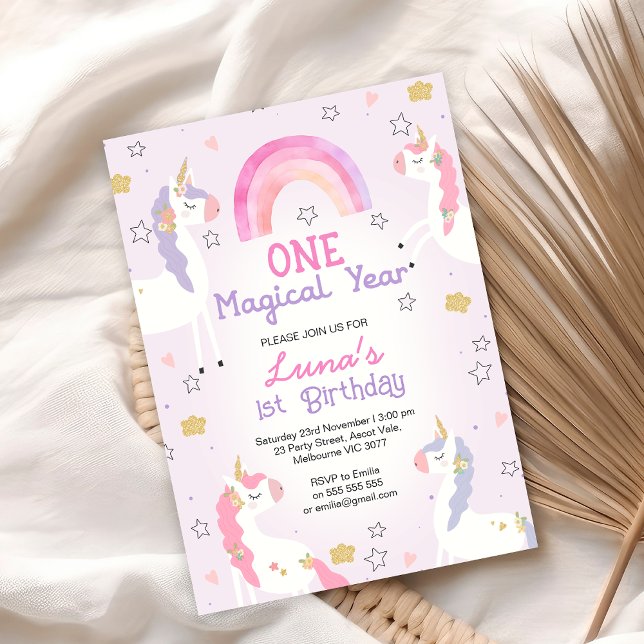 Rosa Lila Einhorn Ein magisches Jahr 1. Geburtstag Einladung (Girls One magical Year Unicorn 1st Birthday Invitation Rainbow Pink Purple Unicorn First Birthday)