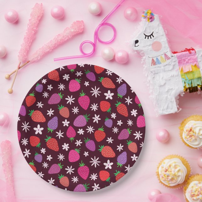 Rosa Lila Erdbeere mit Blume Pappteller (Party)
