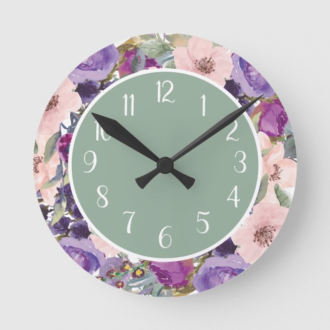Rosa Lila Farbe Grün der Blütenfarbe Runde Wanduhr (Vorderseite)