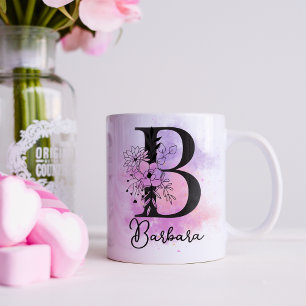 Rosa lila floral schwarzer Buchstabe Monogramm B Kaffeetasse