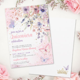 Rosa Lila Florale Schmetterling Quinceanera Einladung