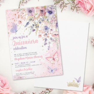 Rosa Lila Florale Schmetterling Quinceanera Einladung