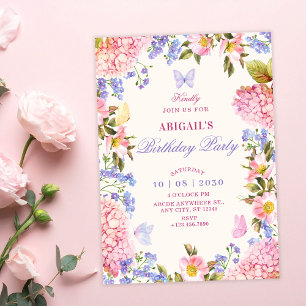 Rosa lila florale Schmetterlinge Geburtstag Einladung
