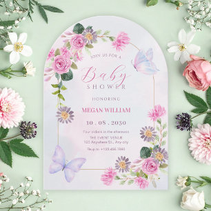 Rosa lila florale Wasserfarbe Babyparty Einladung