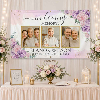 Rosa lila florales Funeral Gedenkfoto-Collage Banner