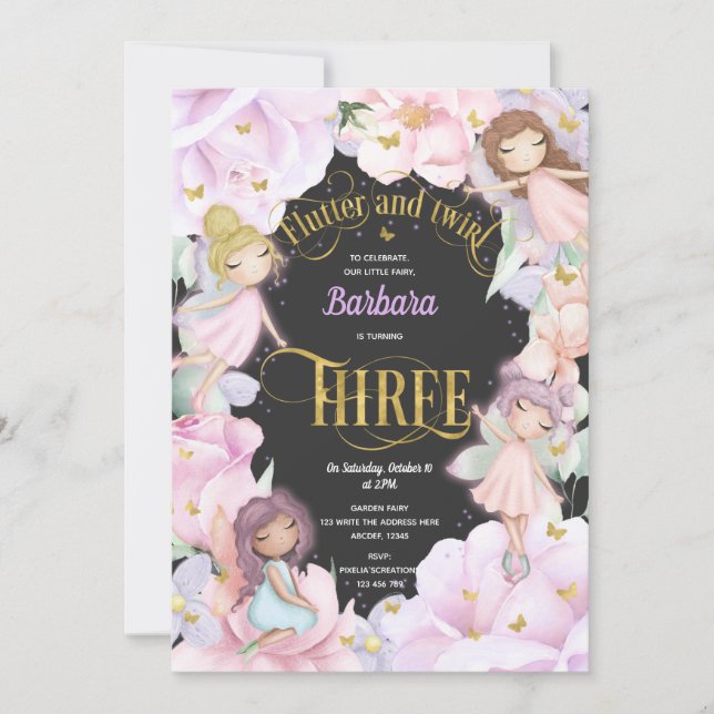 Rosa lila Gartenzauberfee, 3. Geburtstag Einladung (Vorderseite)