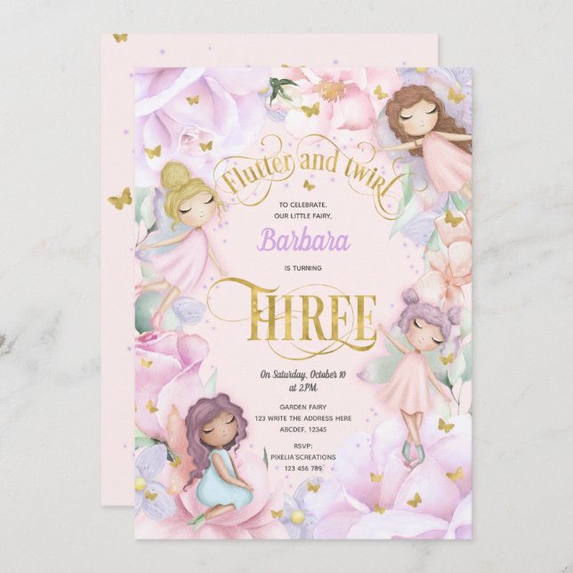 Rosa lila Gartenzauberfee, 3. Geburtstag Einladung (Vorne/Hinten)