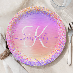 Rosa Lila gebürsteter Glitzer Monogramm Name Pappteller