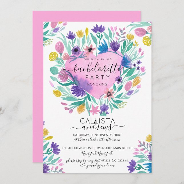 Rosa Lila Gelbe Blume des Herzens Leaf Bachelorett Einladung (Vorne/Hinten)