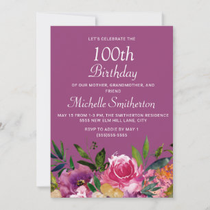 Rosa Lila Gelbe Florale 100. Geburtstagsfeier Einladung
