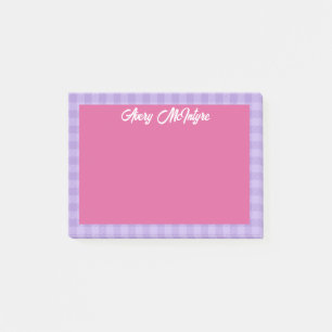 Rosa lila Gingham-Rahmen Name in cooler Schrift Post-it Klebezettel