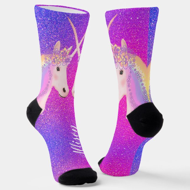 Rosa Lila Glitzer Einhorn Personalisiert Socken (Gewinkelt)