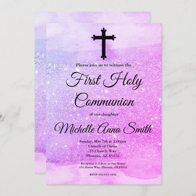 Rosa Lila Glitzer Girl 1. Erste Heilige Kommune Einladung (Vorne/Hinten)