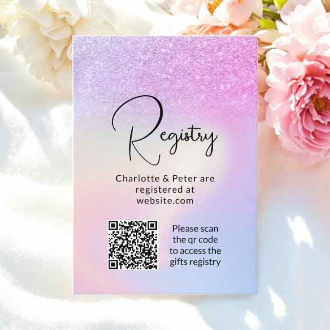 Rosa Lila Glitzer Holografischer Brückenregister q Begleitkarte (Pink Purple Glitter Holographic bridal registry qr Enclosure Card)