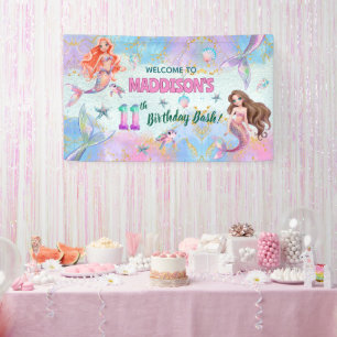 Rosa lila Glitzer Meerjungfrauen 11. Geburtstagsbe Banner