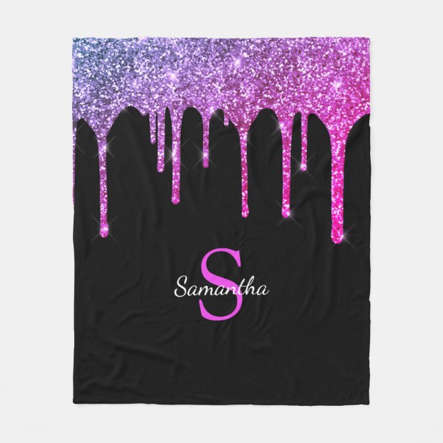 Rosa Lila Glitzer Sparkeln Tropfen Monogramm Name Fleecedecke (Vorderseite)