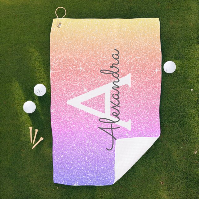 Rosa Lila Glitzer und Name des Monogramms Golfhandtuch (Von Creator hochgeladen)