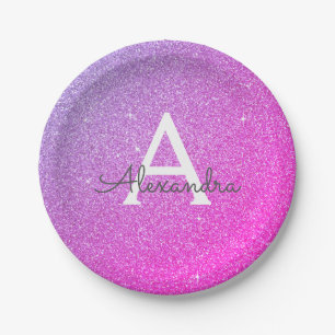 Rosa Lila Glitzer und sparkle Monogramm Geburtstag Pappteller