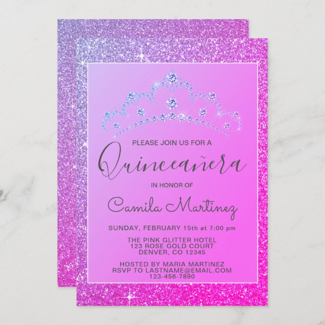 Rosa Lila Glitzer und Sparkle Quinceanera Einladung (Vorne/Hinten)