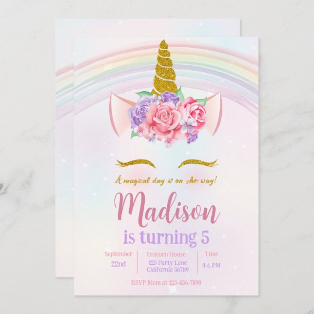 Rosa Lila Gold Blumenarmbogen Einhorn Party Einladung (Vorne/Hinten)