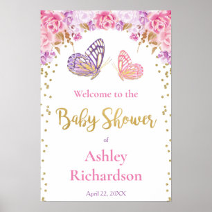 Rosa lila Gold Butterfly Babydusche Poster
