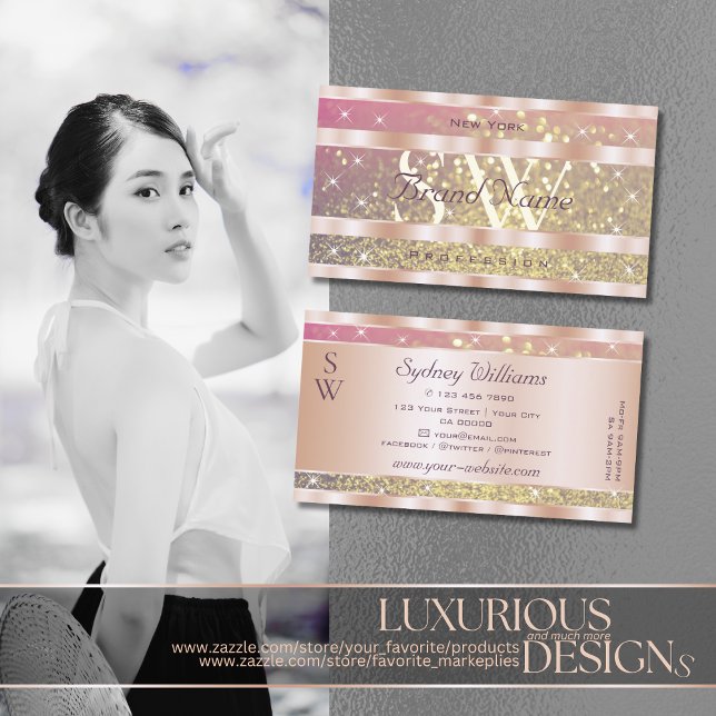 Rosa Lila Gold Glitzer Stars Monogram Rose Gold Visitenkarte (Von Creator hochgeladen)