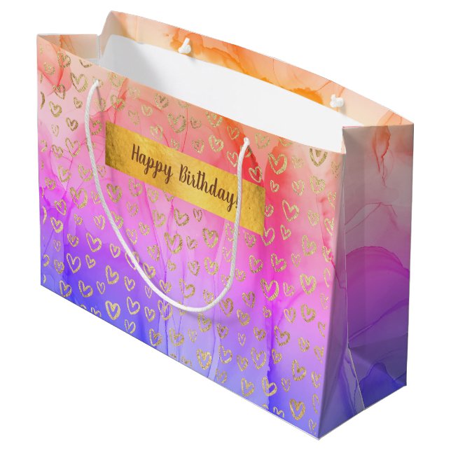 Rosa Lila Gold Herzchen Custom Happy Birthday Große Geschenktüte (Rückseite Schrägansicht)