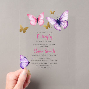 Rosa Lila Gold Schmetterling Baby Shower Acryleinladungen