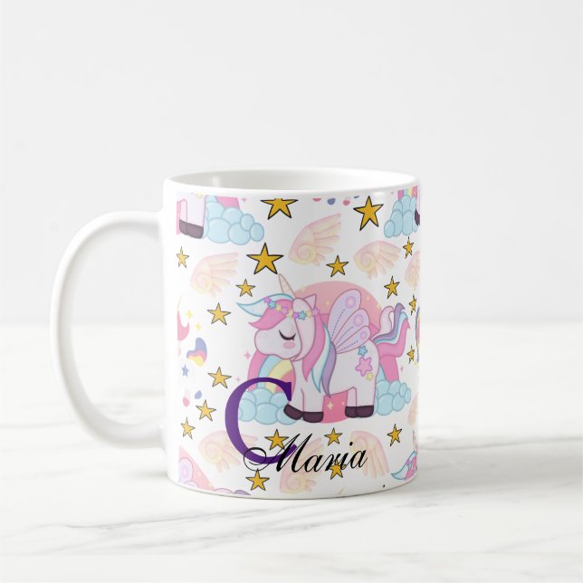 Rosa Lila Gold Star Unicorn Name Monogramm Kaffeetasse (Links)