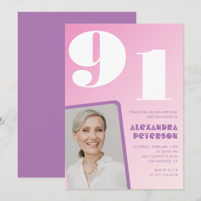 Rosa Lila Gradient Foto 91. Geburtstag Einladung (Vorne/Hinten)