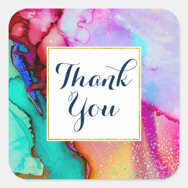 Rosa Lila grüner Marmor Abstrakte Wasserfarbe Quadratischer Aufkleber (Vorderseite)