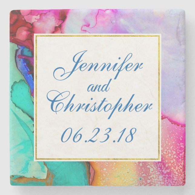 Rosa Lila grüner Marmor Abstrakte Wasserfarbe Steinuntersetzer (Vorderseite)