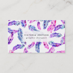 Rosa lila handgemalte Watercolor boho Federn Visitenkarte