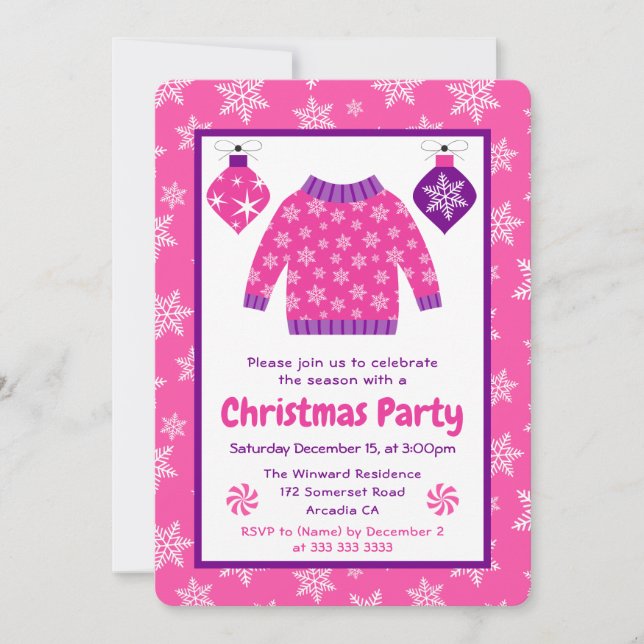 Rosa & Lila hässlicher Pullover Weihnachtsfeier Einladung (Vorderseite)