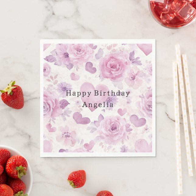 Rosa lila Herzen Blumen Geburtstag Serviette (Beispiel)