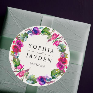 Rosa lila Hochzeit mit Blumen Runder Aufkleber
