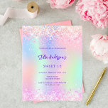 Rosa lila holografische Süße 16 Haushaltseinladung<br><div class="desc">Eine gürtliche und weibliche süße 16 Party Einladung. vorne: Regenbogen,  holografischer Hintergrund in lila,  rosa,  minzgrün. Dekoriert mit rosafarbenen Konfetti. Personalisieren und fügen Sie einen Namen und Party-Details hinzu. Der Name wird mit einem handgeschriebenen Stilskript geschrieben,  lila Buchstaben. 1 Blatt = 1 Einladung mit Druckkante bis Kante.</div>