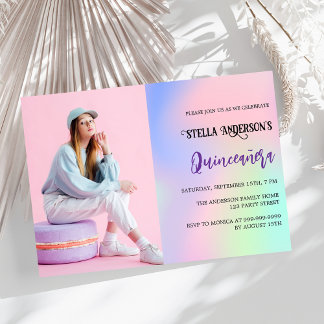 Rosa lila holografischen Foto Luxus Quinceanera Einladung