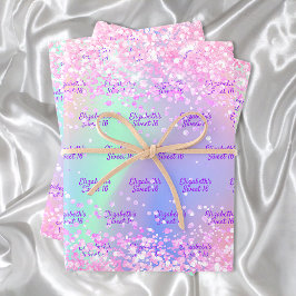 Rosa lila holografischer Name Confetti Sweet 16 Geschenkpapier Set