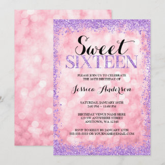 Rosa Lila Imitate Glitzer Lights Sweet 16 Geburtst Einladung