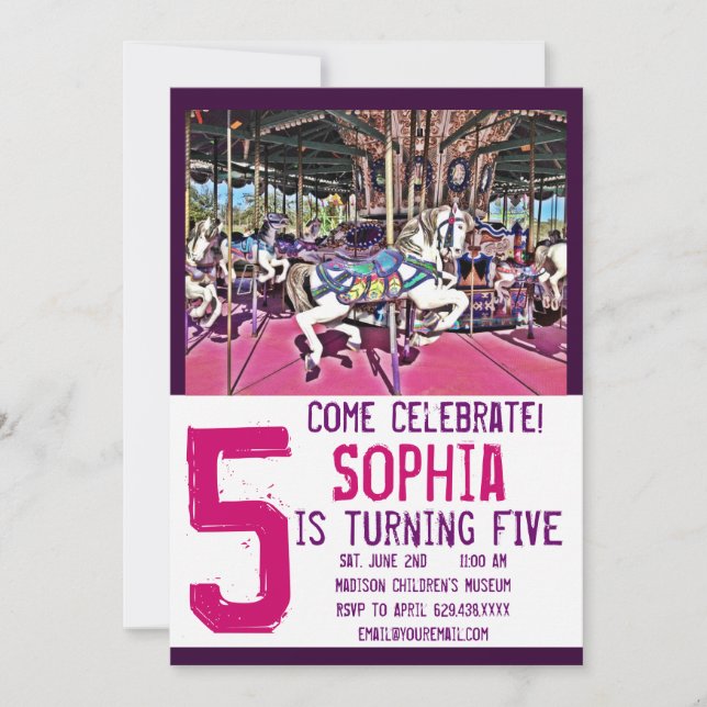 Rosa Lila Karussellpferd Einladung zum Geburtstag (Vorderseite)