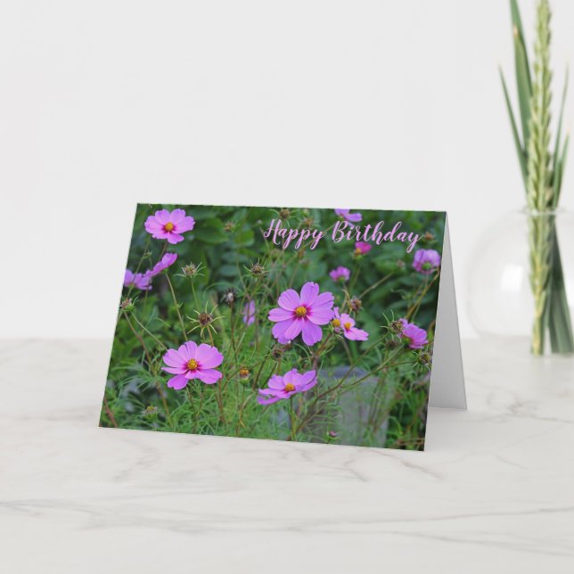 Rosa Lila Kosmos Blume Happy Birthday Card Karte (Vorderseite)
