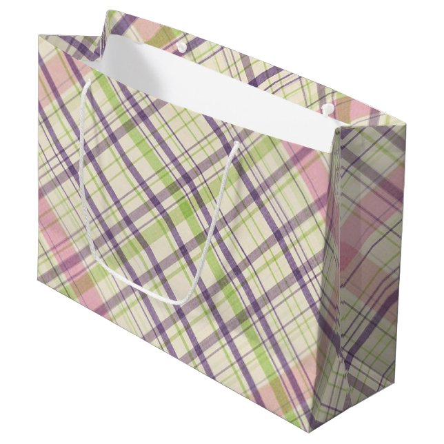 Rosa Lila Lime Green Tartan Muster Große Geschenktüte (Vorderseite Schrägansicht)